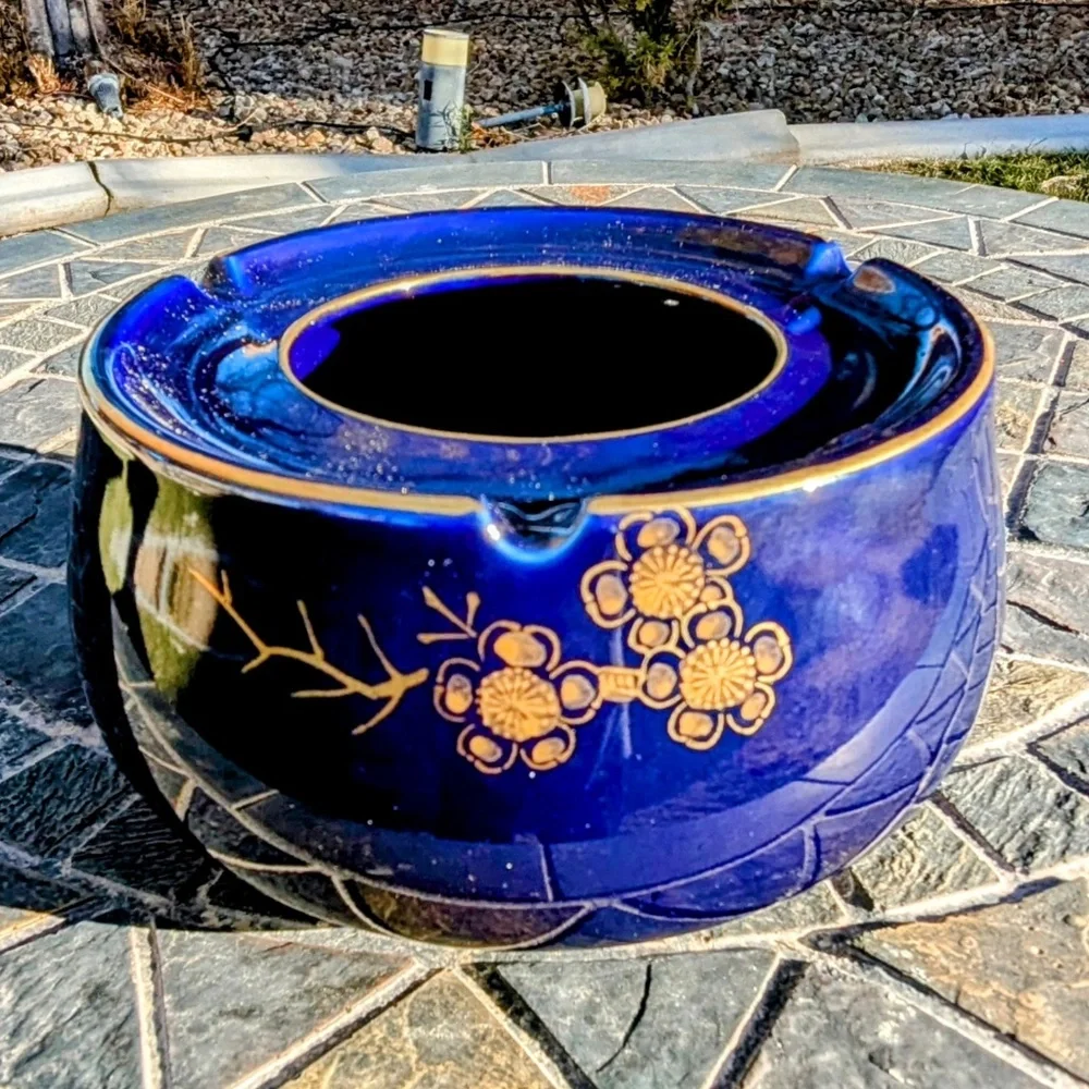 Vintage Cobalt Porcelain Gold Hand Painted Blossom Floral Ashtray Bowl/Vase NOS